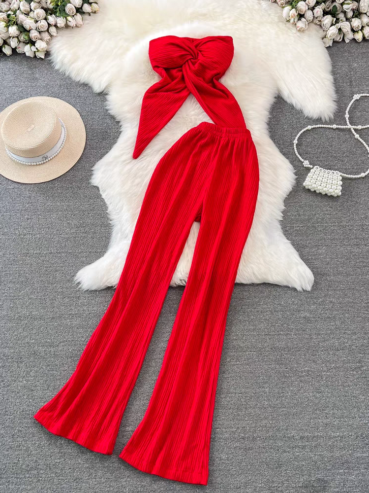 Bandeau Crop Tube Top & Wide Leg Pants Coord Set