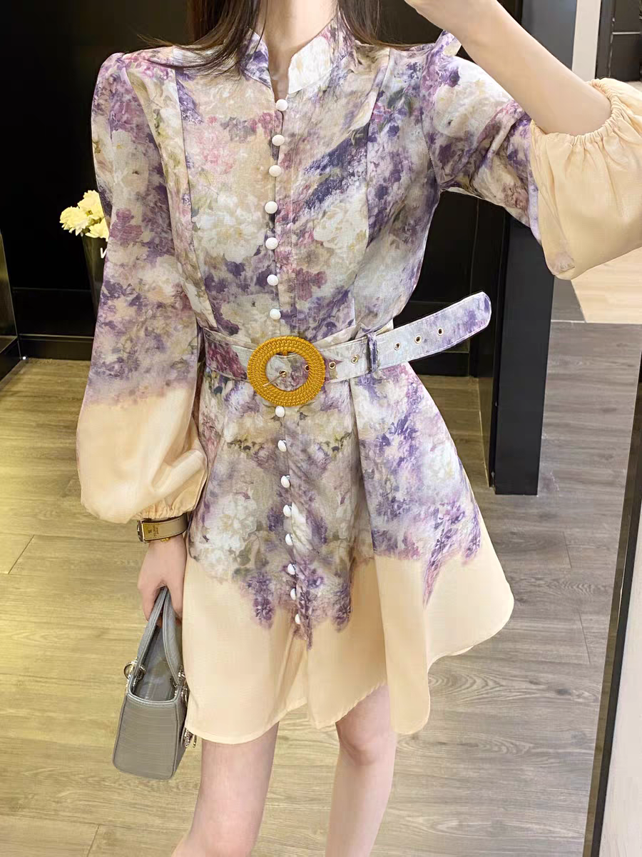 Floral Print Short A Line Dress with Belt