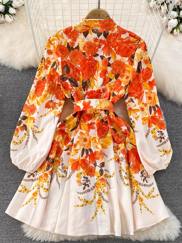 Floral Print Short A Line Dress with Belt