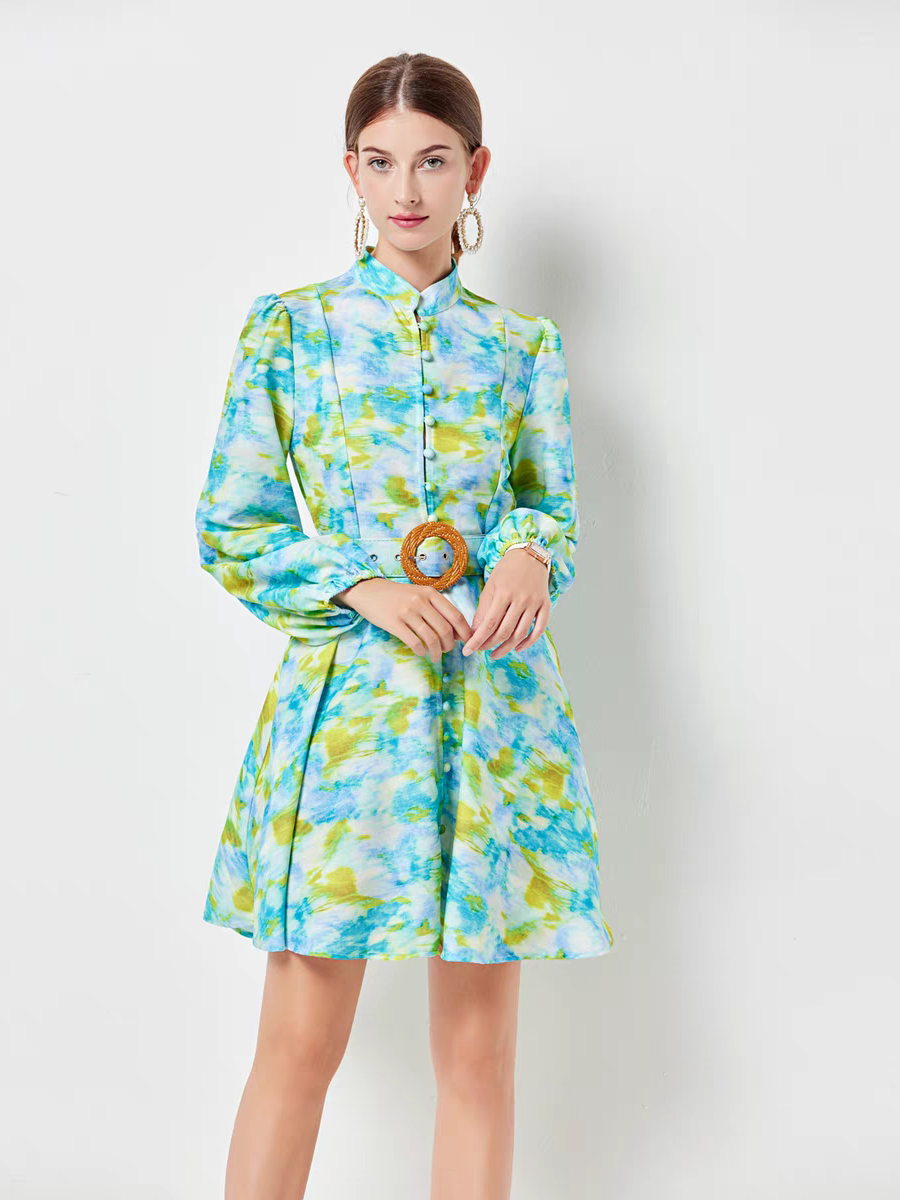 Floral Print Short A Line Dress with Belt