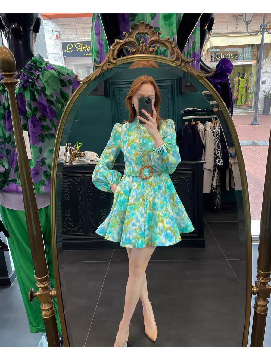 Floral Print Short A Line Dress with Belt