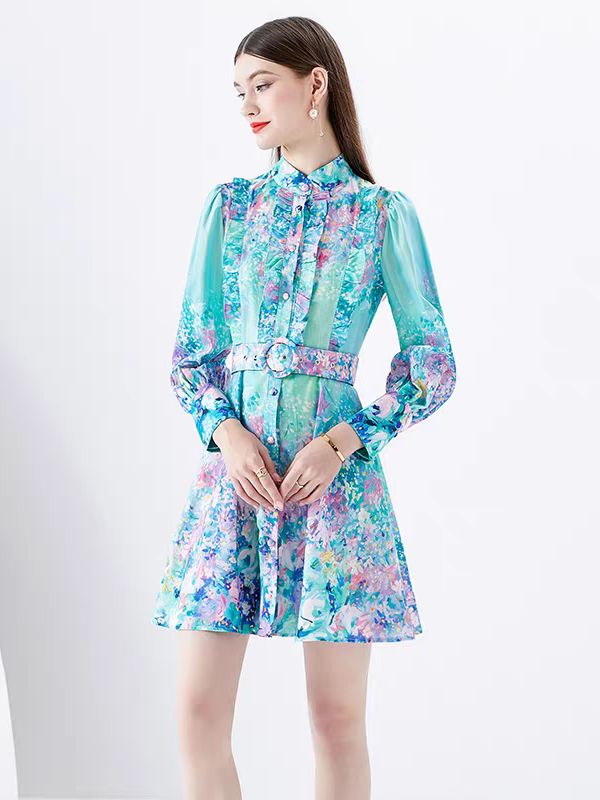 Green Floral Print A Line Dress with Belt