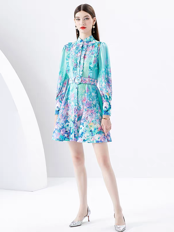 Green Floral Print A Line Dress with Belt