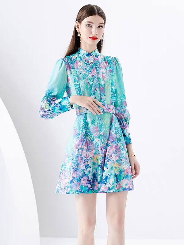 Green Floral Print A Line Dress with Belt