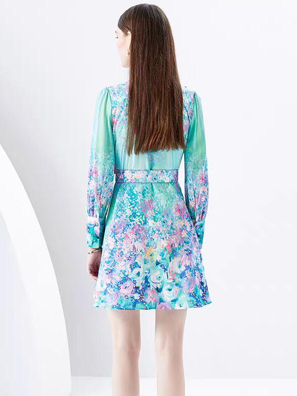 Green Floral Print A Line Dress with Belt