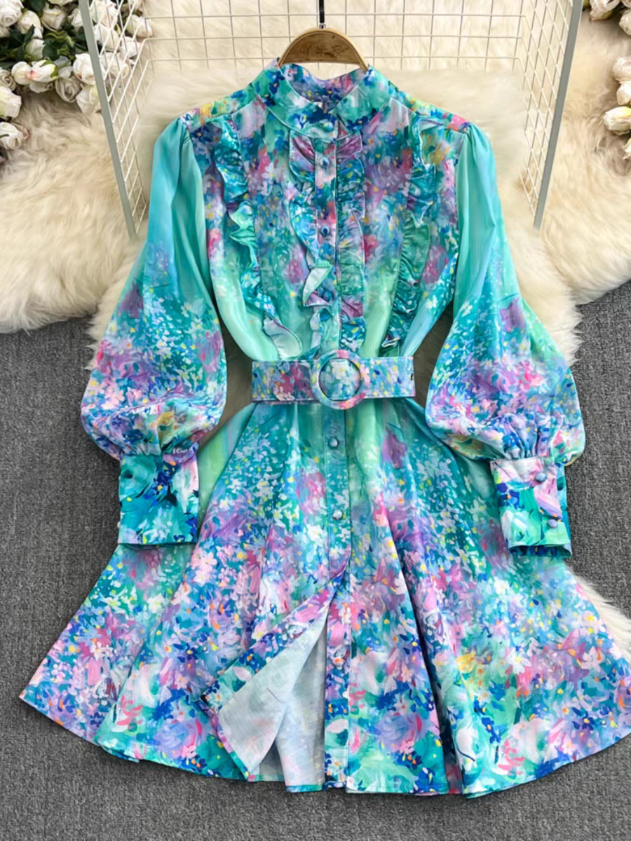 Green Floral Print A Line Dress with Belt