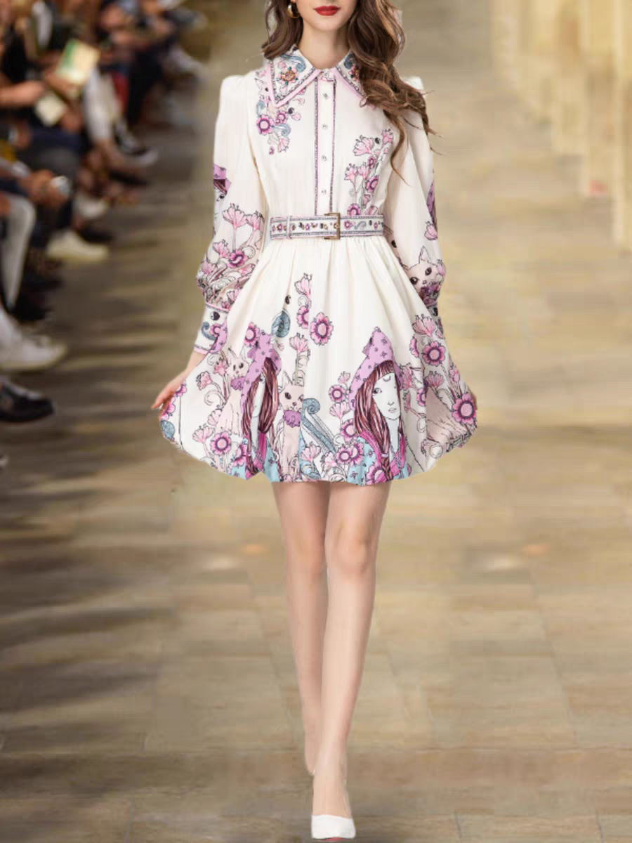 Floral Vintage Print A Line Dress with Belt