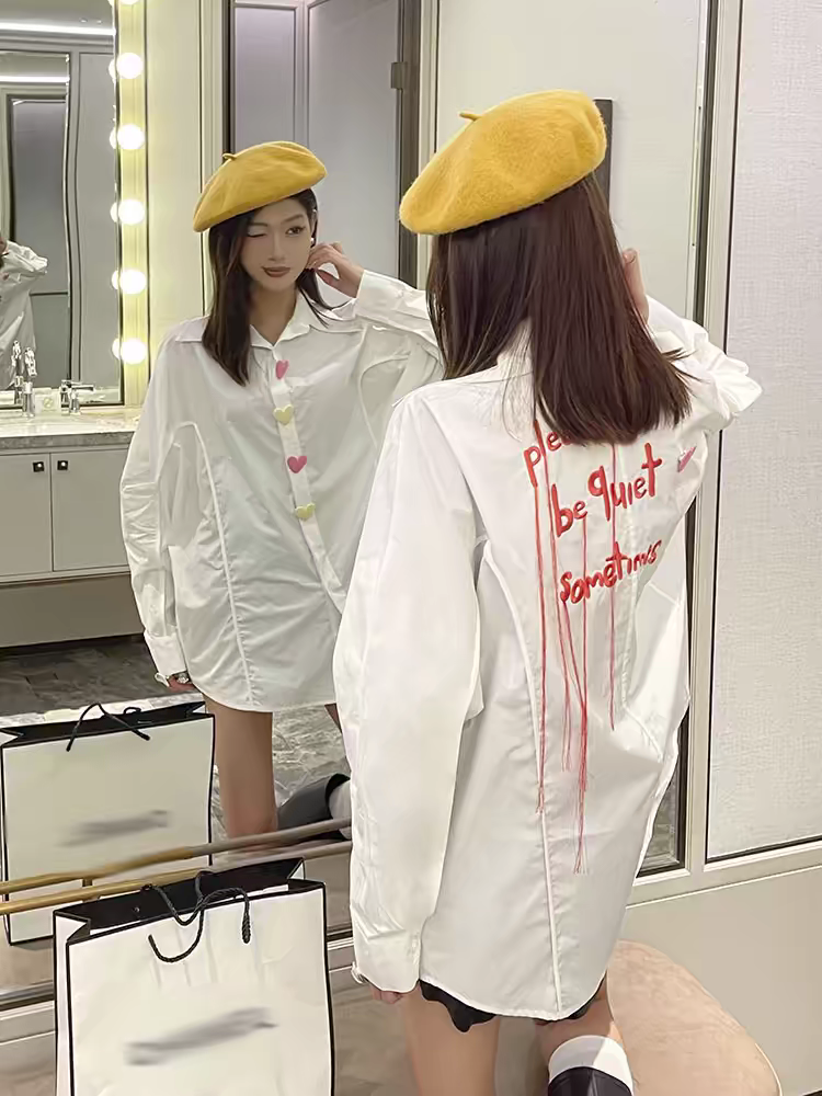 Heart Patch Quiet Print Oversized Shirt