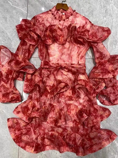 Pink Ruffles Short A Line Dress with Belt
