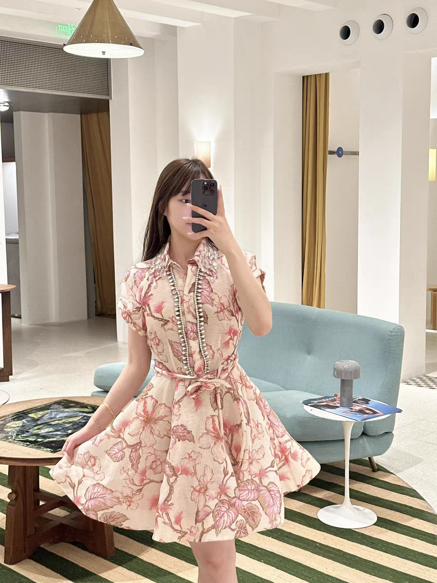 Pink Diamond Studded Short A Line Dress with Belt