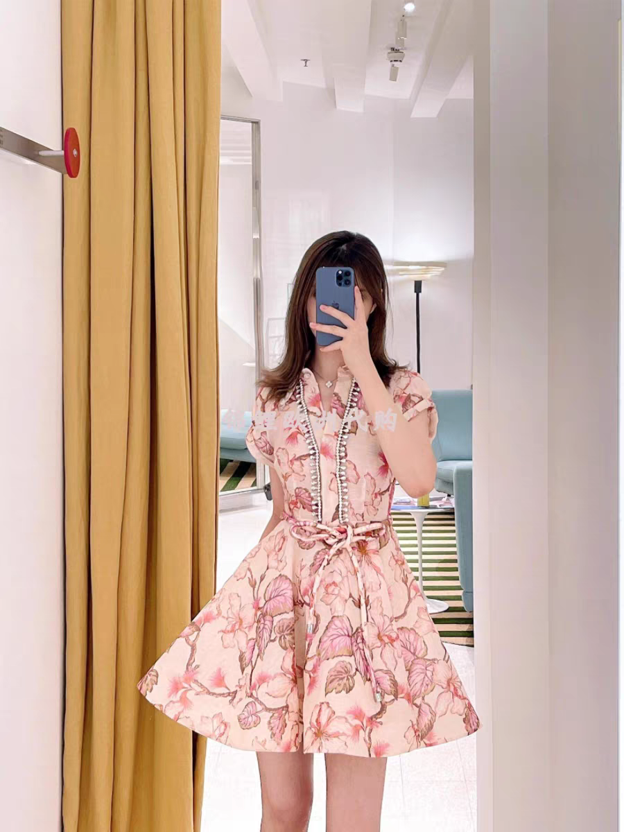 Pink Diamond Studded Short A Line Dress with Belt