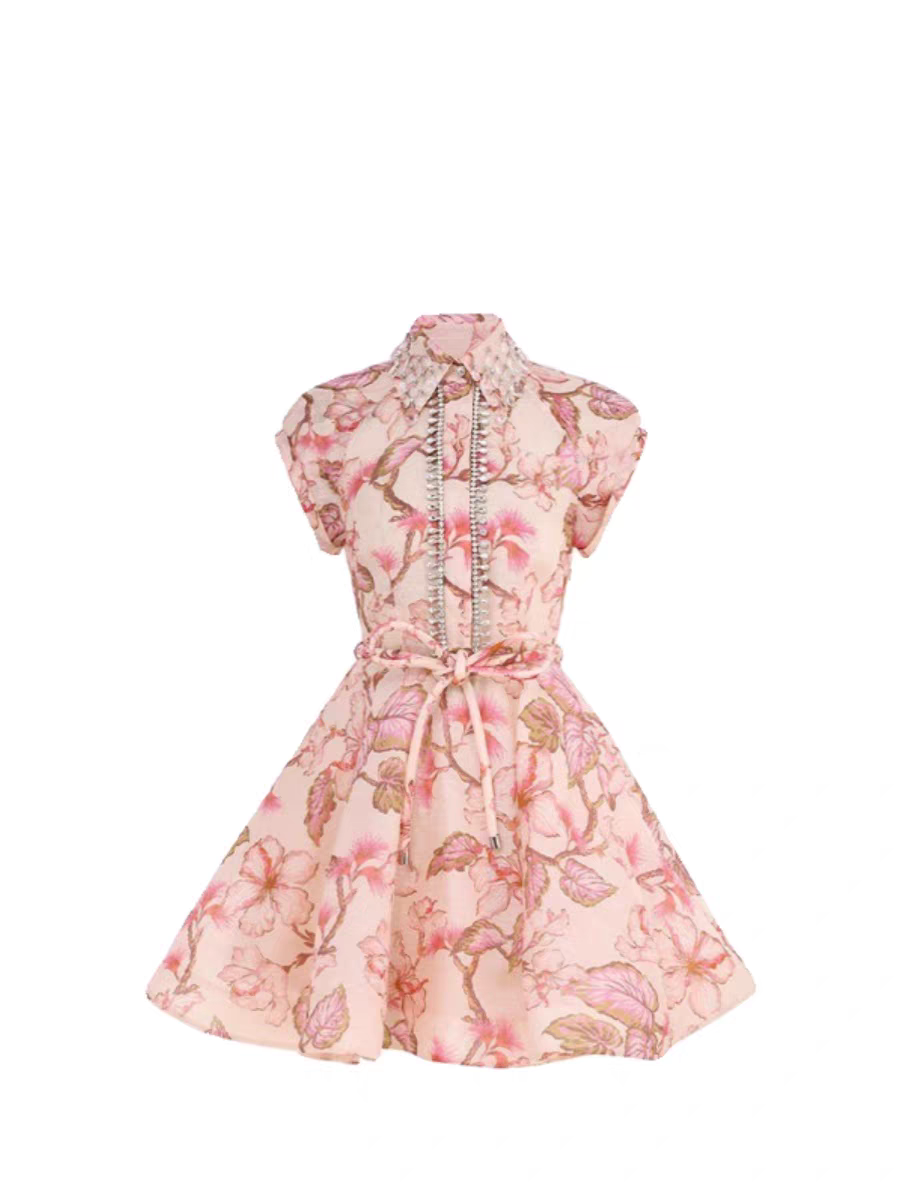 Pink Diamond Studded Short A Line Dress with Belt