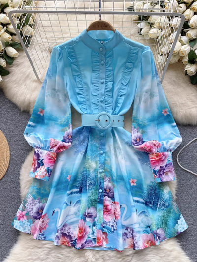 Blue Floral Short A line Dress with Belt
