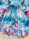 Blue Floral Short A line Dress with Belt
