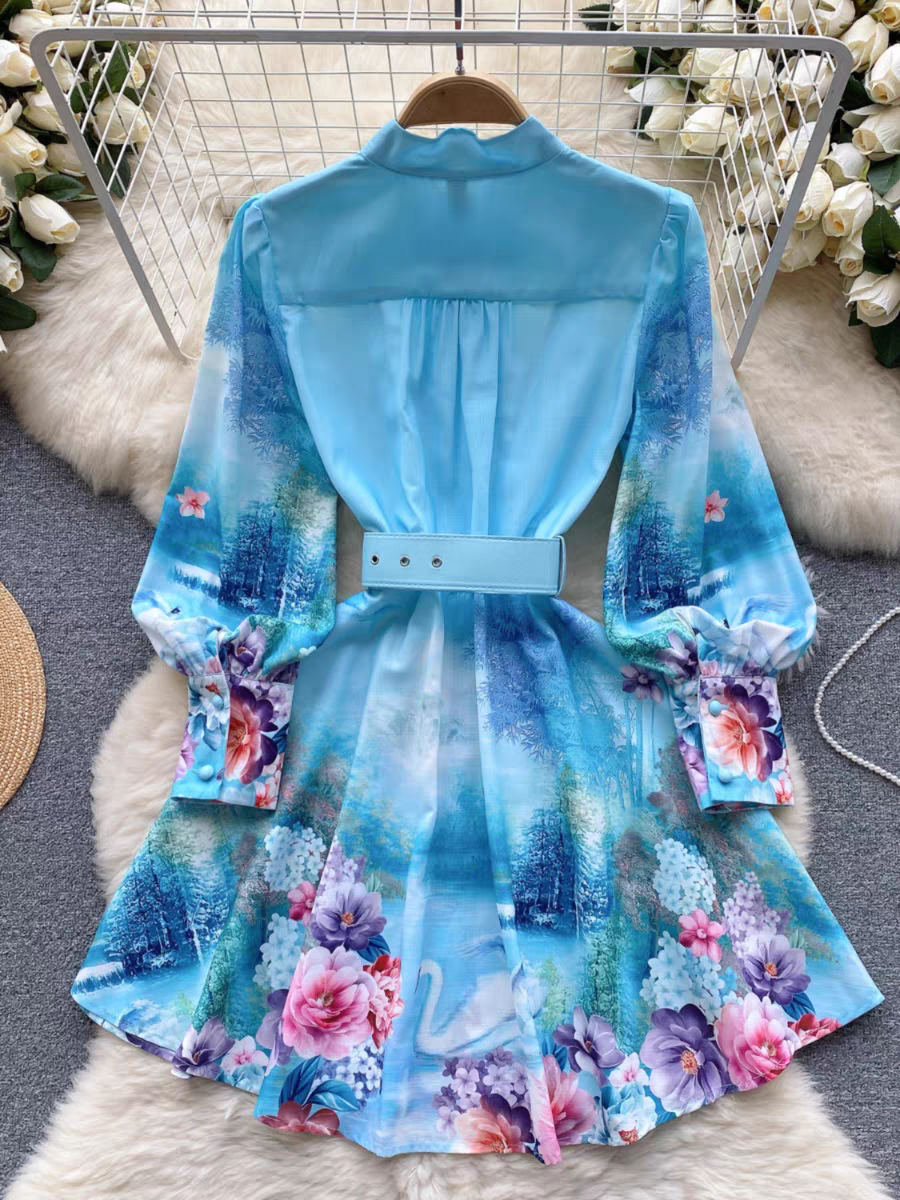 Blue Floral Short A line Dress with Belt