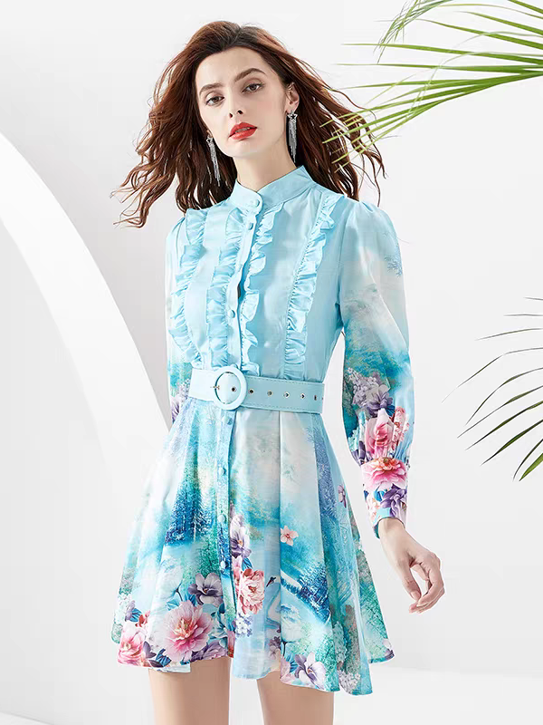 Blue Floral Short A line Dress with Belt