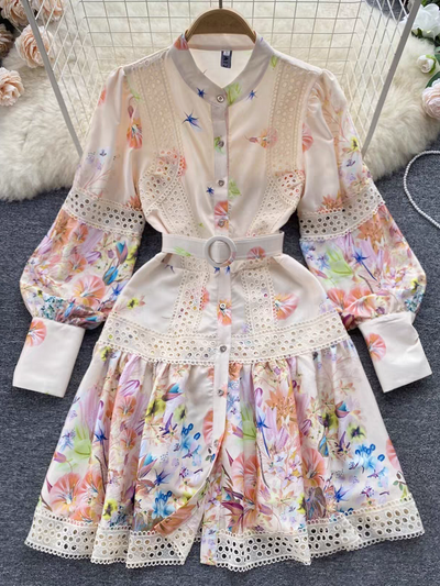 Floral Print Crochet A Line Dress