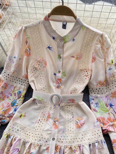 Floral Print Crochet A Line Dress