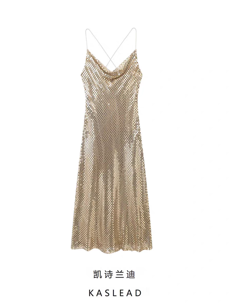 Sequins Spaghetti Strap Cowl Neck Backless Midi Dress