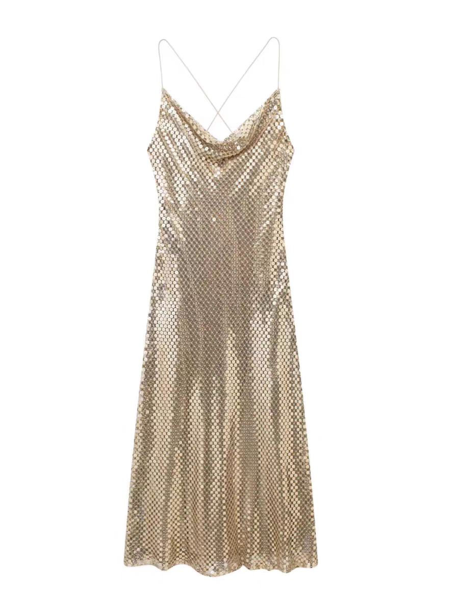 Sequins Spaghetti Strap Cowl Neck Backless Midi Dress