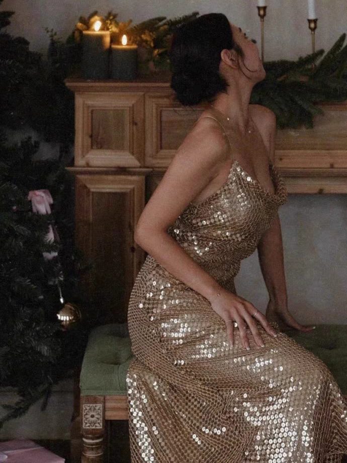 Sequins Spaghetti Strap Cowl Neck Backless Midi Dress