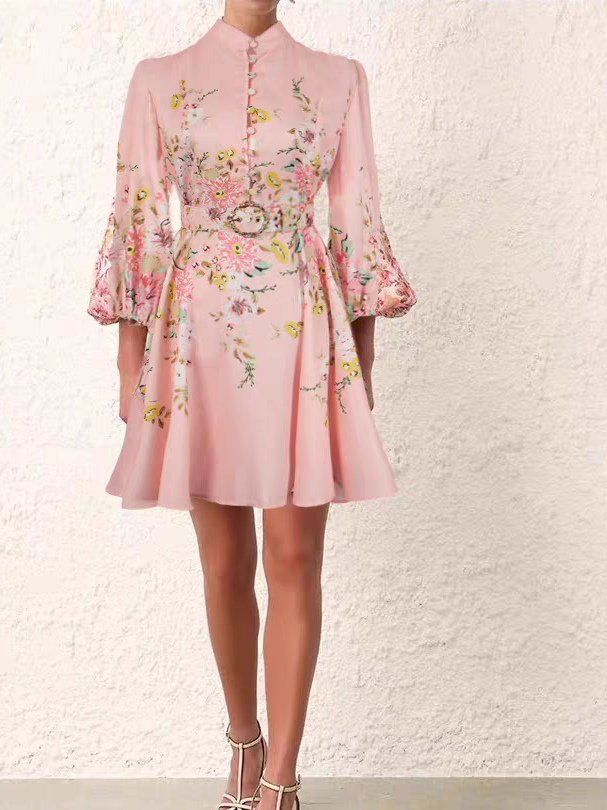 Floral Printed Belt Short Dress