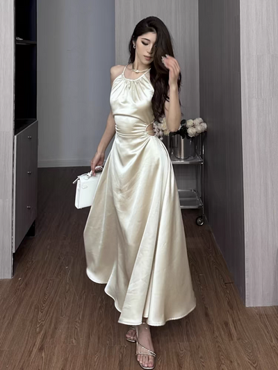 Shoulder Strap Satin Backless Midi Dress