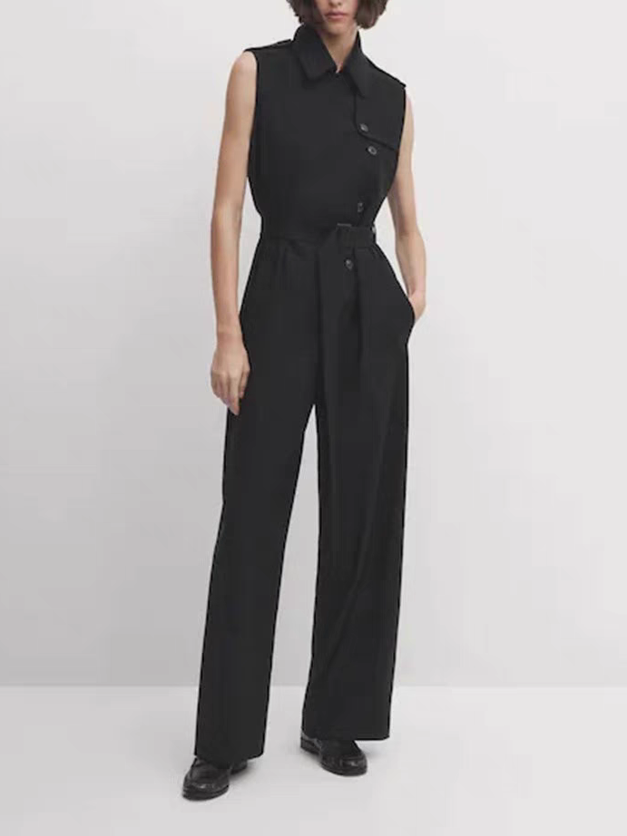 Black Sleeveless Vest Collar Jumpsuit