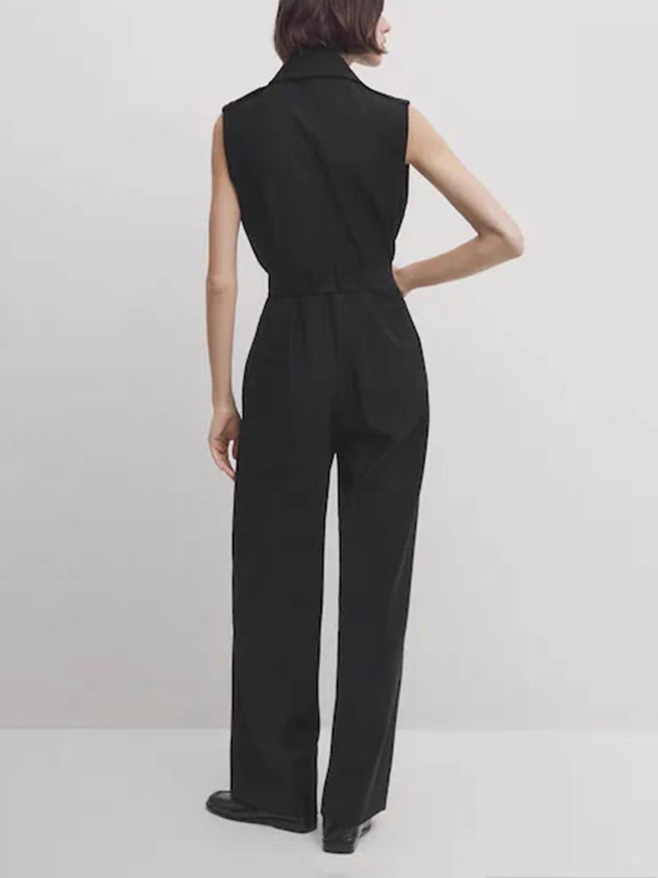 Black Sleeveless Vest Collar Jumpsuit