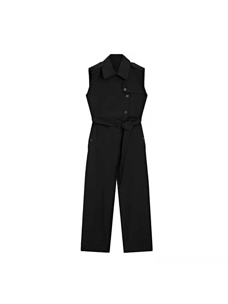 Black Sleeveless Vest Collar Jumpsuit