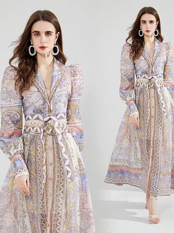 Geometric Print Vintage  A Line maxi dress  with Belt