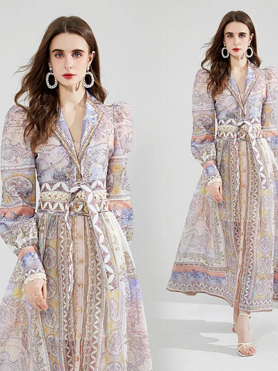 Geometric Print Vintage  A Line maxi dress  with Belt