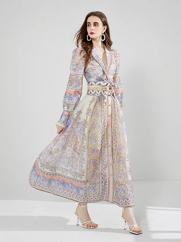 Geometric Print Vintage  A Line maxi dress  with Belt