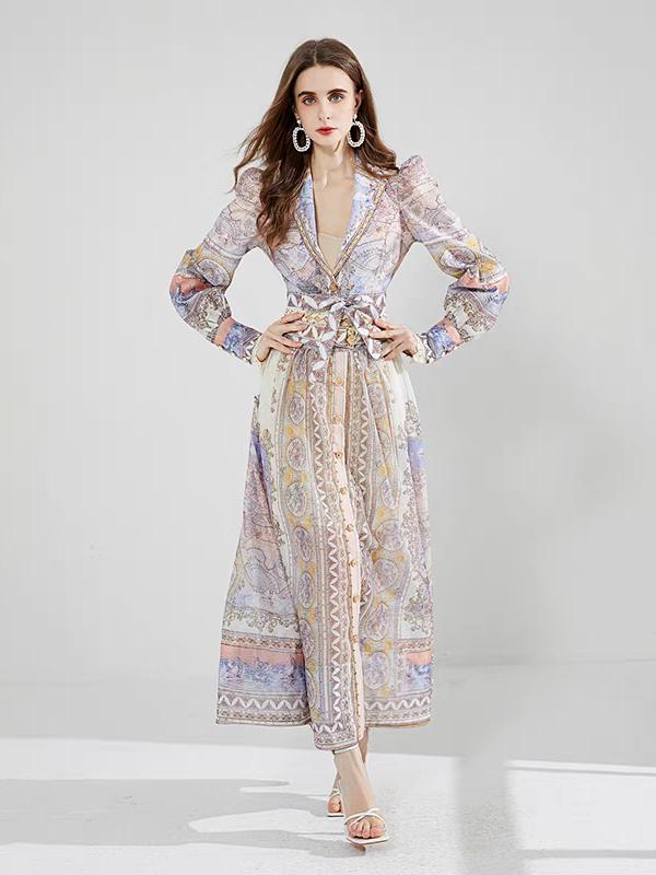 Geometric Print Vintage  A Line maxi dress  with Belt