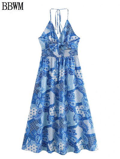 Paisley Print Halterneck Backless Maxi Dress