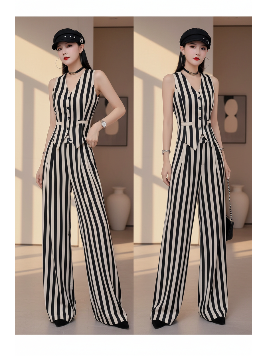 Waist Coat Vest & Wide Leg Pants Coord Set in black-and-white stripes; sleeveless button-front vest with wide-leg pants.