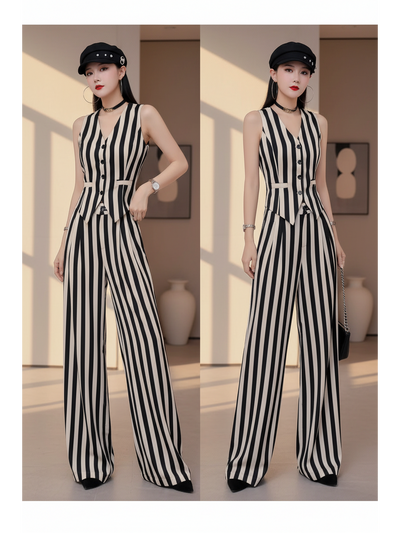 Waist Coat Vest & Wide Leg Pants Coord Set in black-and-white stripes; sleeveless button-front vest with wide-leg pants.