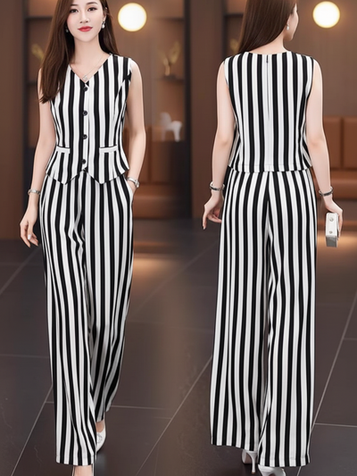 Waistcoat-style vest and wide-leg striped coord set in black and white