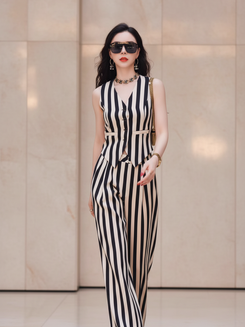Exclusives waistcoat vest and wide-leg striped coord set; black and beige vertical stripes, two-piece.