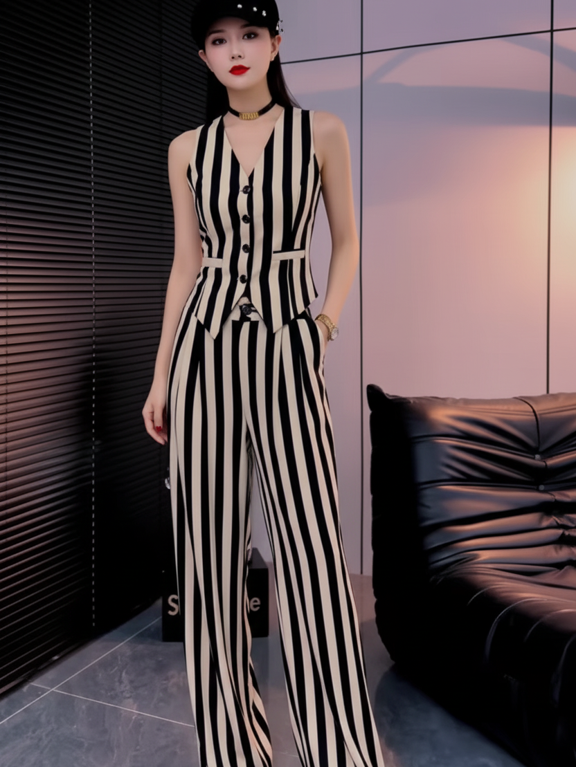 Waist Coat Vest & Wide Leg Pants Coord Set in black and cream vertical stripes.
