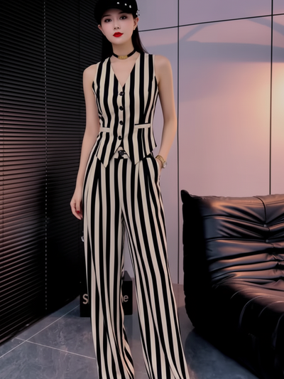 Waist Coat Vest & Wide Leg Pants Coord Set in black and cream vertical stripes.