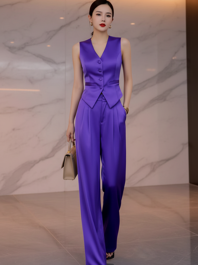 Waist Coat Vest & Wide Leg Pants Coord Set (two-piece) by Exclusives in purple satin, model with beige handbag.