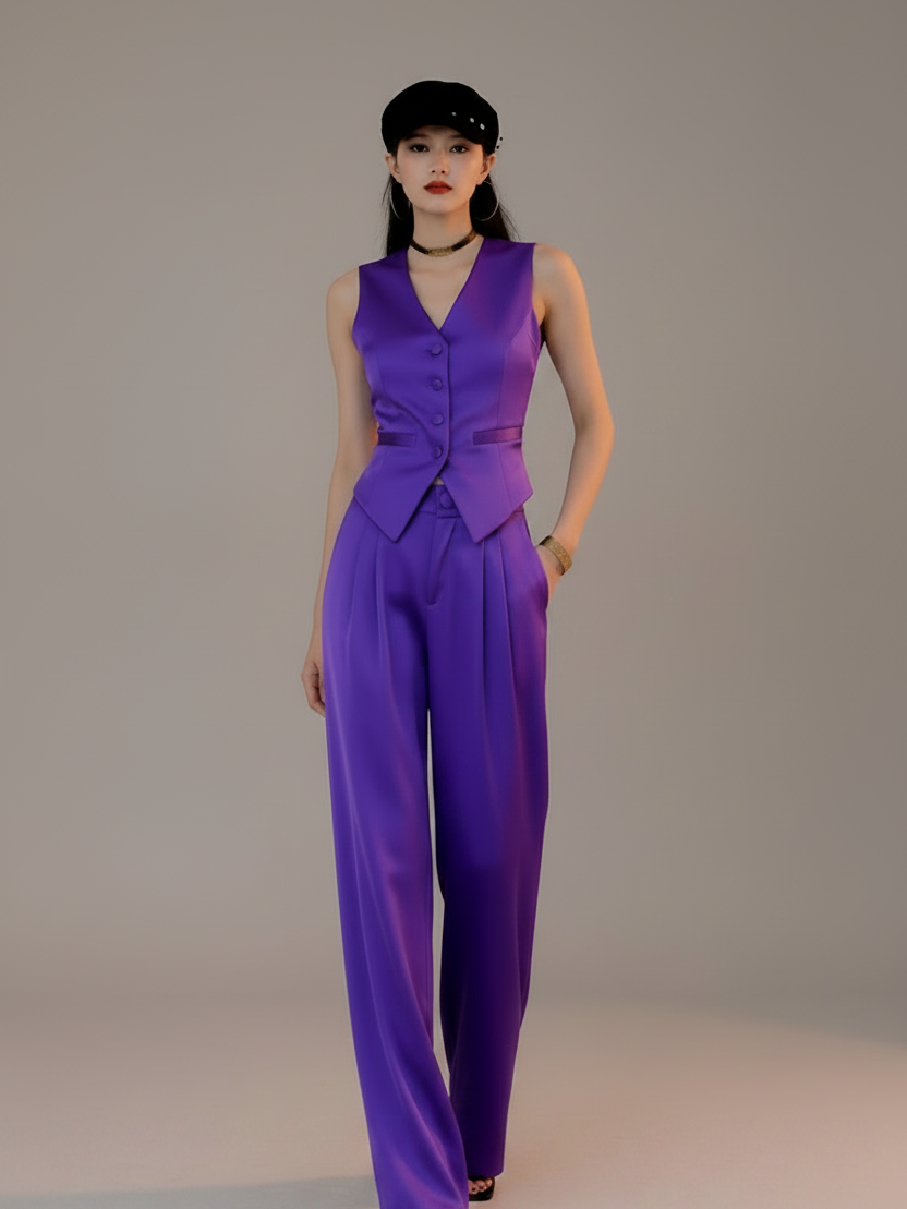 Waist Coat Vest & Wide Leg Pants coord set in purple satin, two-piece ensemble.