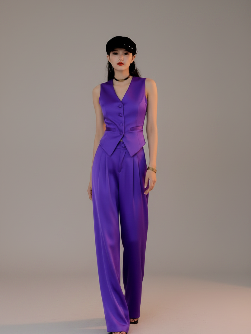 Two-piece waist coat vest and wide-leg pants coord set in purple satin