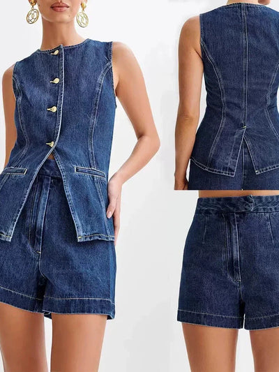 Denim Long Vest & Shorts Coord Set