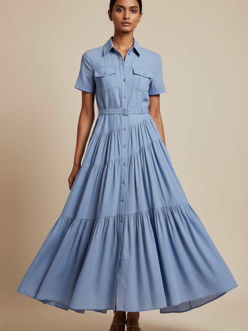 Button Down Collared Maxi Dress by Exclusives in light blue denim, belted waist with tiered, flowing skirt.
