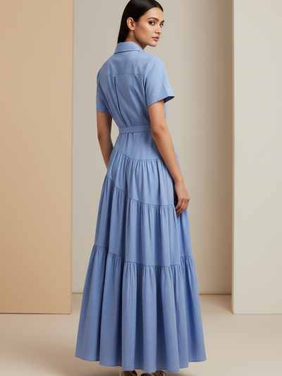 Button Down Collared Maxi Dress by Exclusives, light blue tiered maxi with belted waist and short sleeves