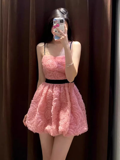 3D Flower Spaghetti Strap Short Dress