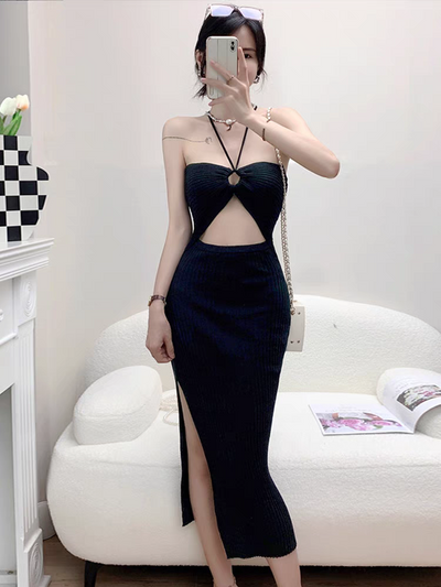 Sula Halterneck Hollow Out Cutout Slit Dress