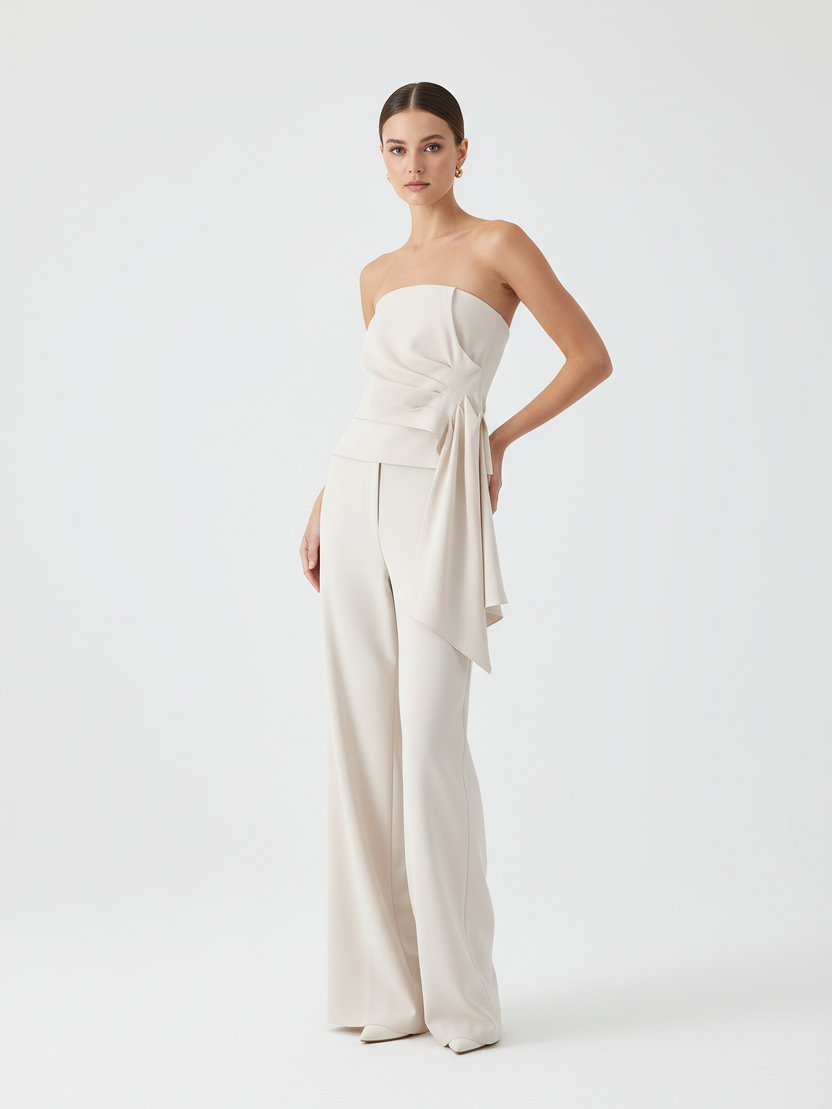 Cream strapless asymmetric tube-top with waist wrap and draped sash, paired with matching wide-leg pants on a model.